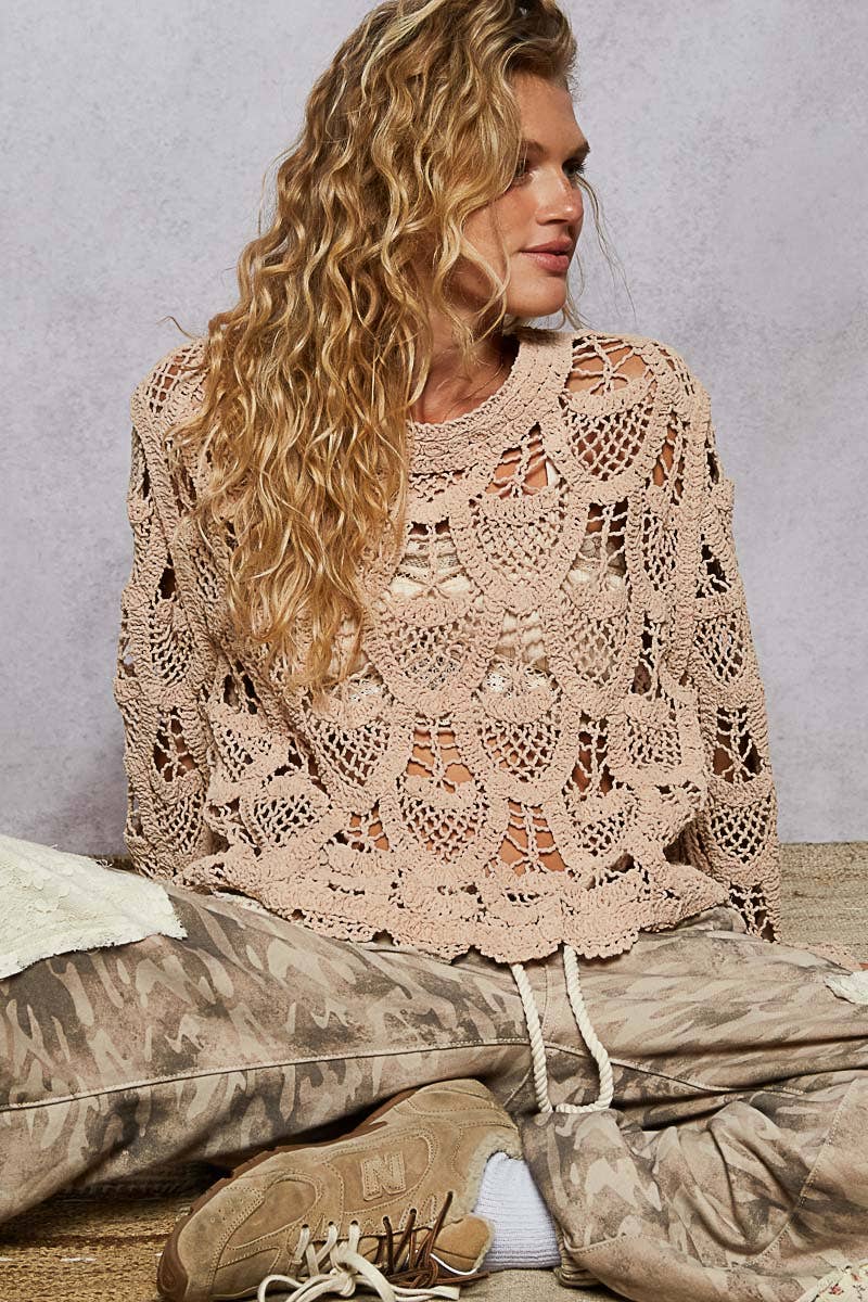 Pol Clothing - Round neck long sleeve solid crochet top