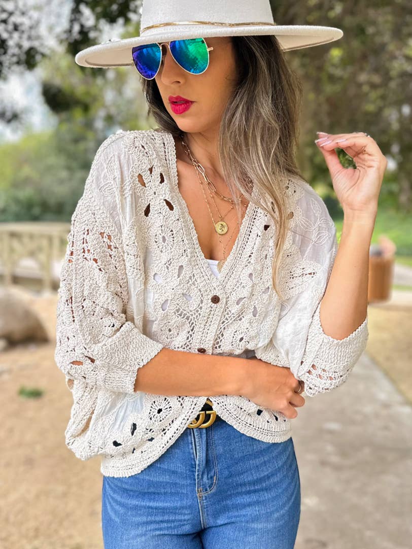 AMOLI - Ivory Boho Lace Detail Dolman Sleeve Button-Down Cardigan