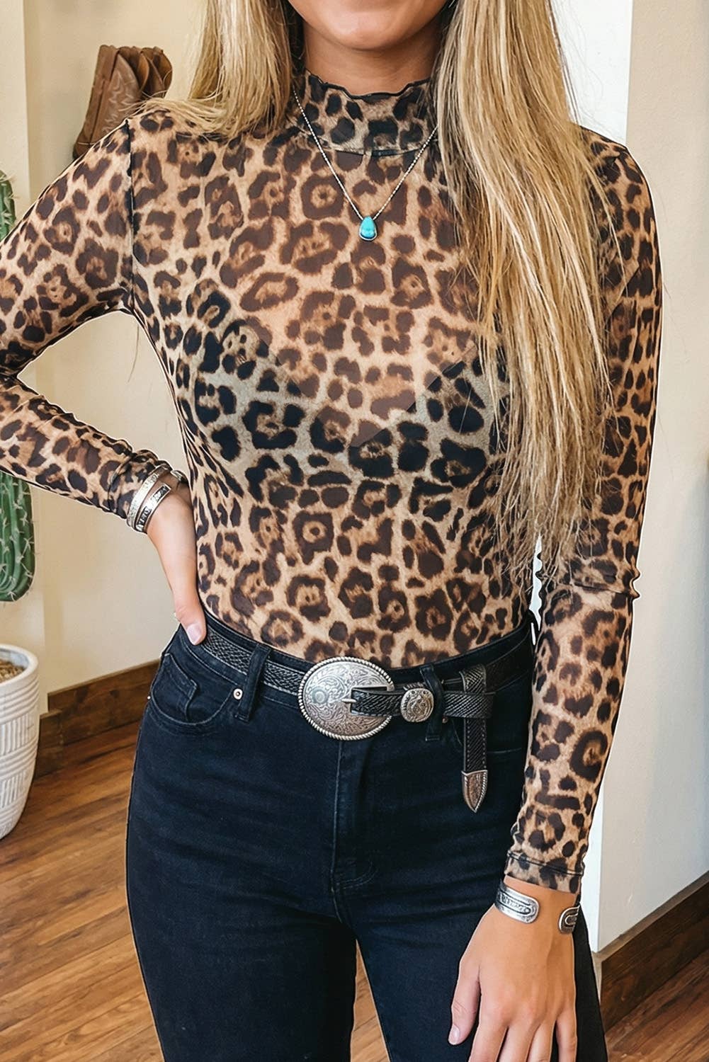 Little Daisy Closet - LDC Leopard Slim Fit Floral Mesh Long Sleeve Mock Neck Top