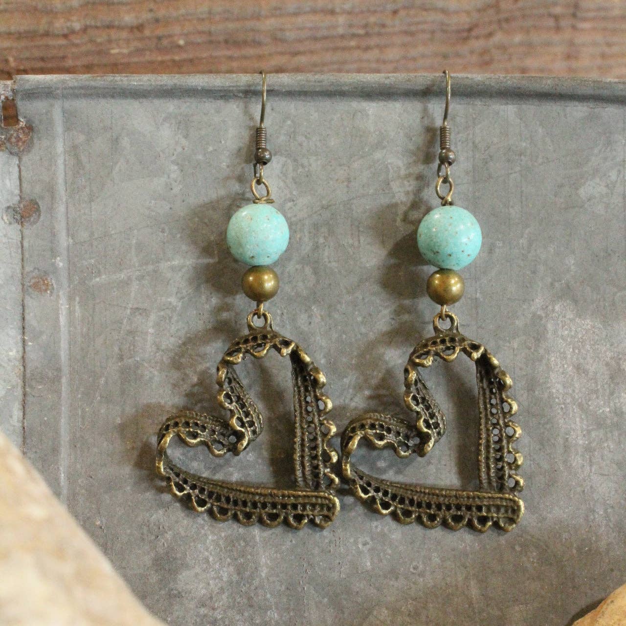 The Primitive Peddler, Inc. - Bronze & Turquoise Heart Earrings
