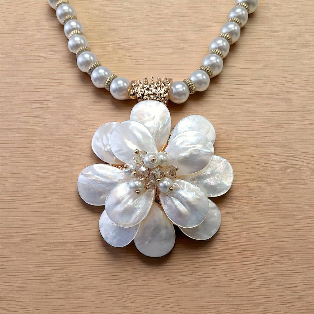 Bijoux Envie Statement Jewelry - Mother of Pearl Flower Necklace | Coastal Statement Jewelry