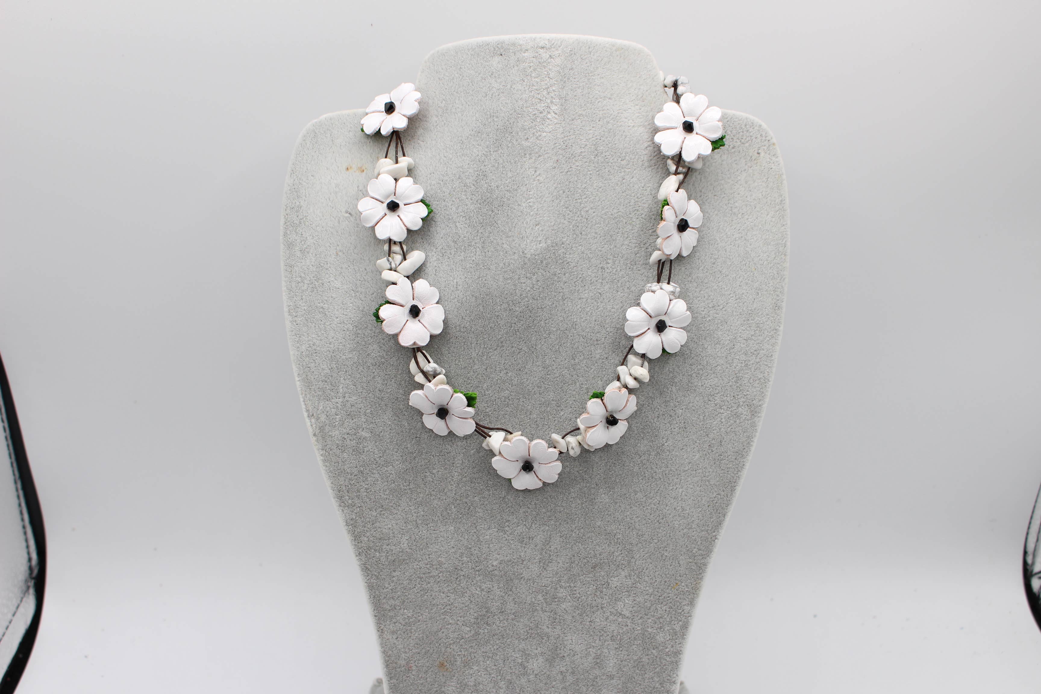 - Leather flower necklace with crystal stone choker