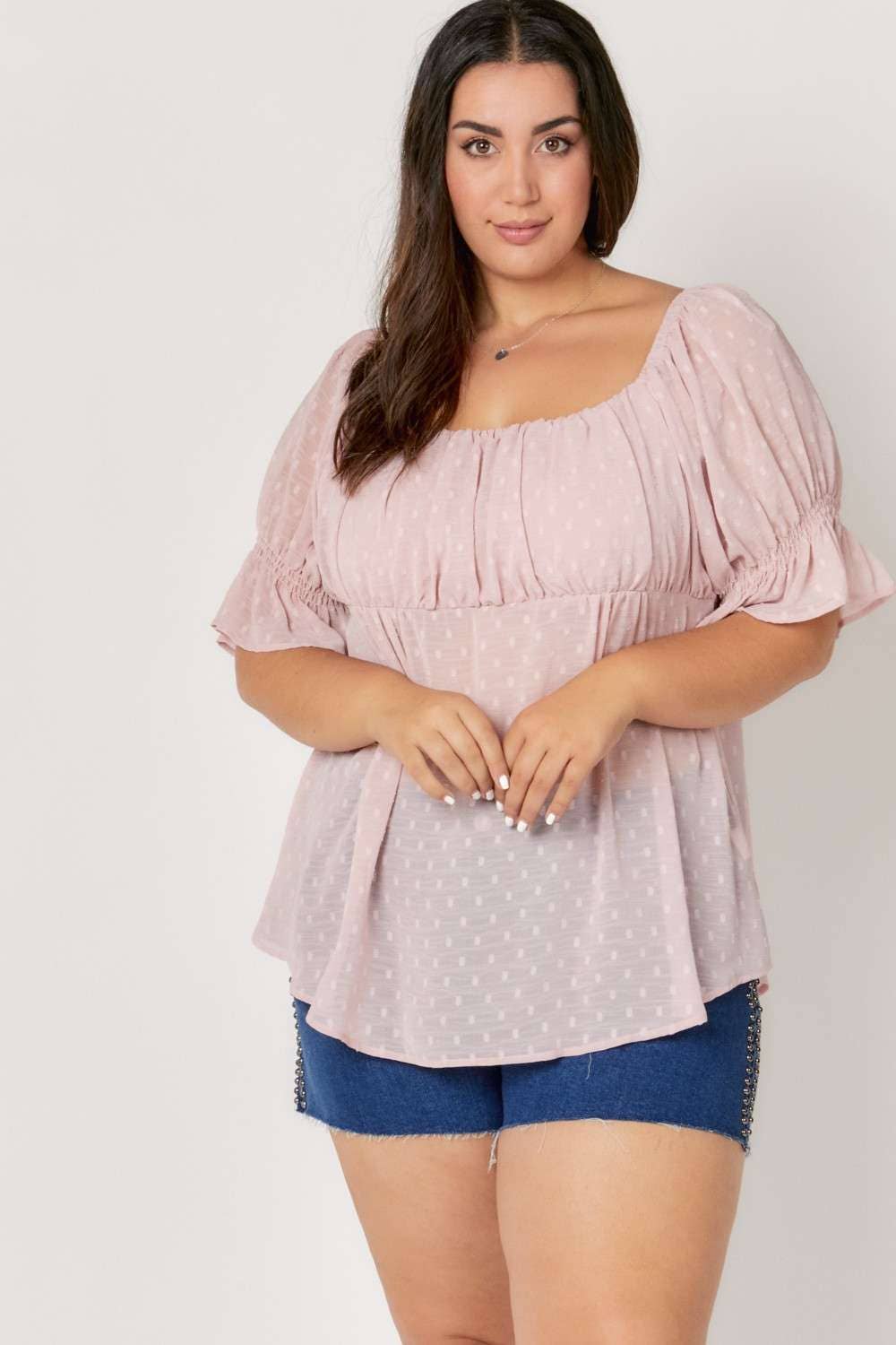 Davi & Dani - POLKA DOT SMOCKED RUFFLE SHORT PUFF SLEEVE TOP: PLUS