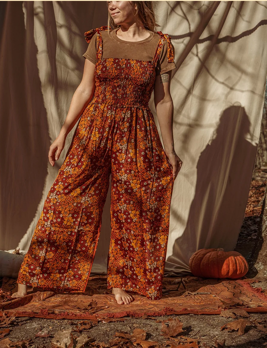 Gardenbelle Shop - Hippie Boho Smocked Shoulder Tie Jumpsuit, 2-in-1 Pants
