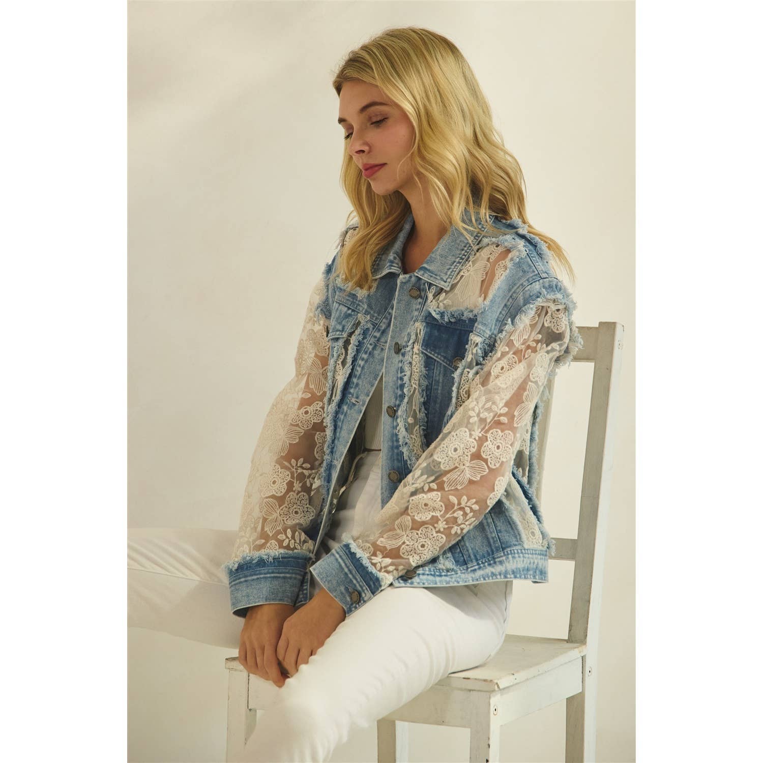 Veveret - Denim Jacket with Floral Organza Inset