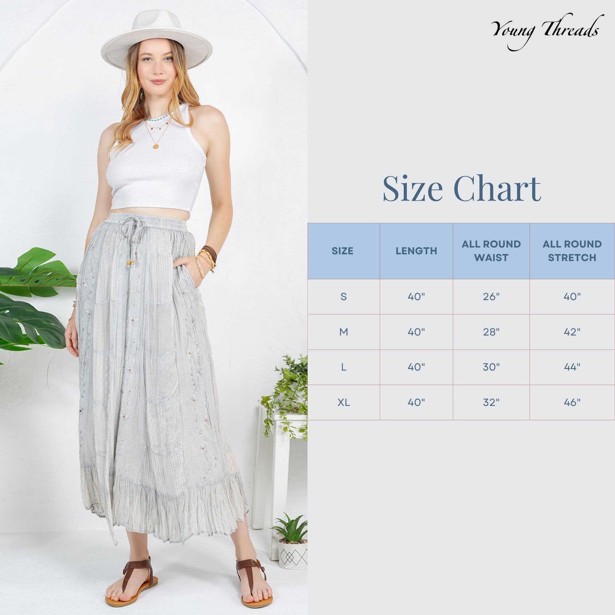 Young Threads - Women Patchwork Embroidered Maxi Skirt With Side Pockets