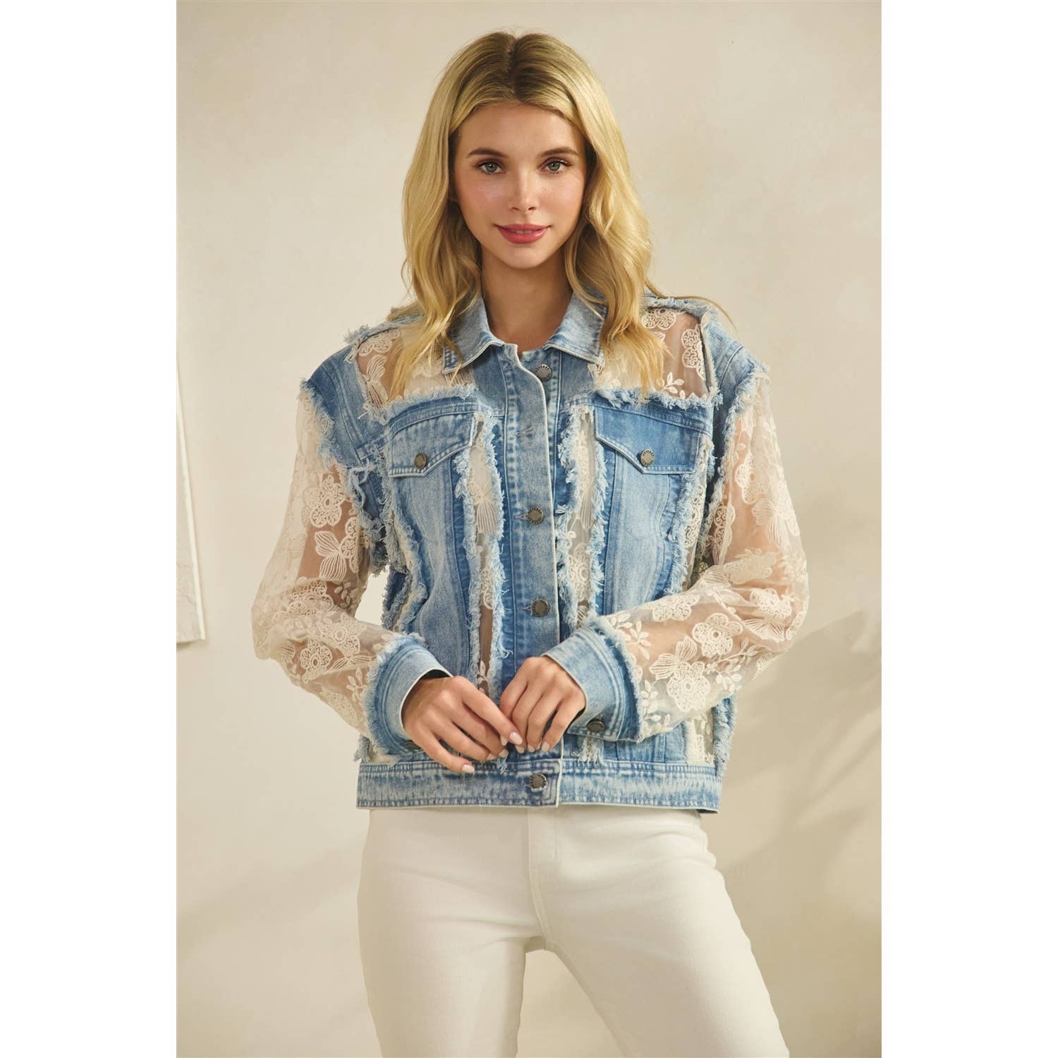 Veveret - Denim Jacket with Floral Organza Inset