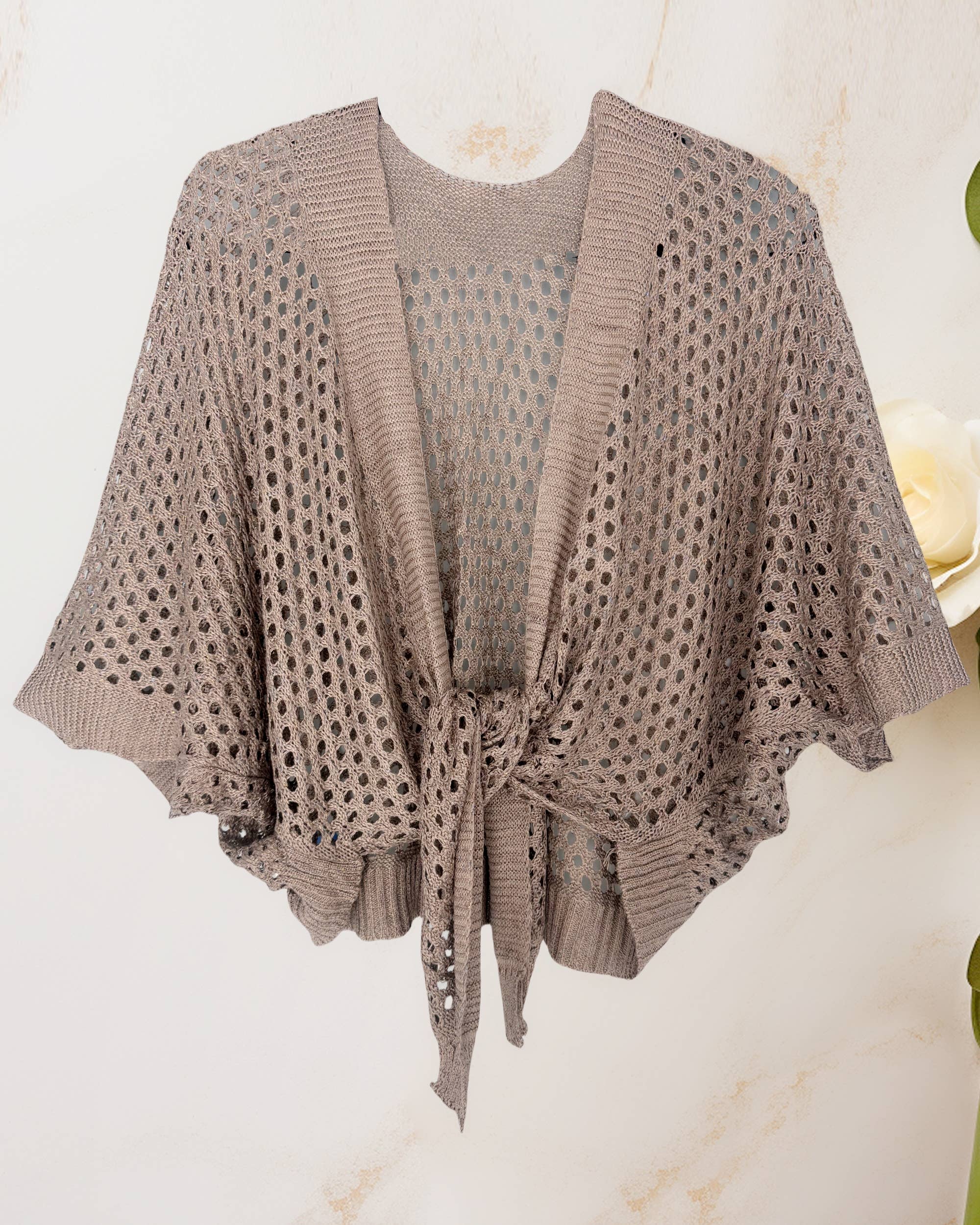 JC Sunny Fashion - Eyelet Open-Knit Metallic Cardigan with Front Tie