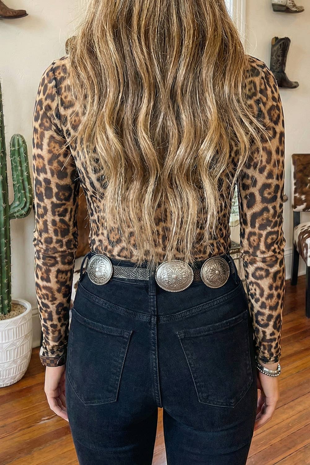 Little Daisy Closet - LDC Leopard Slim Fit Floral Mesh Long Sleeve Mock Neck Top