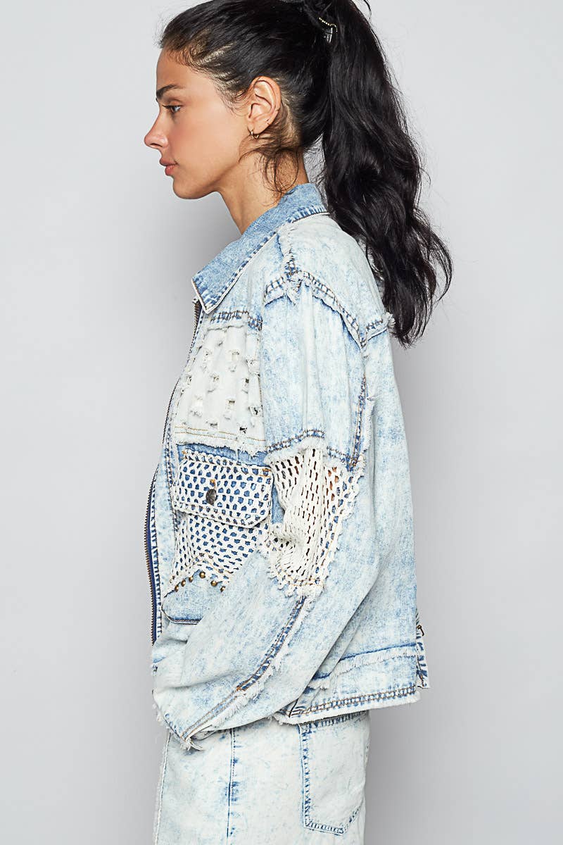 Pol Clothing - Long sleeve stud 3D cargo pockets denim jacket