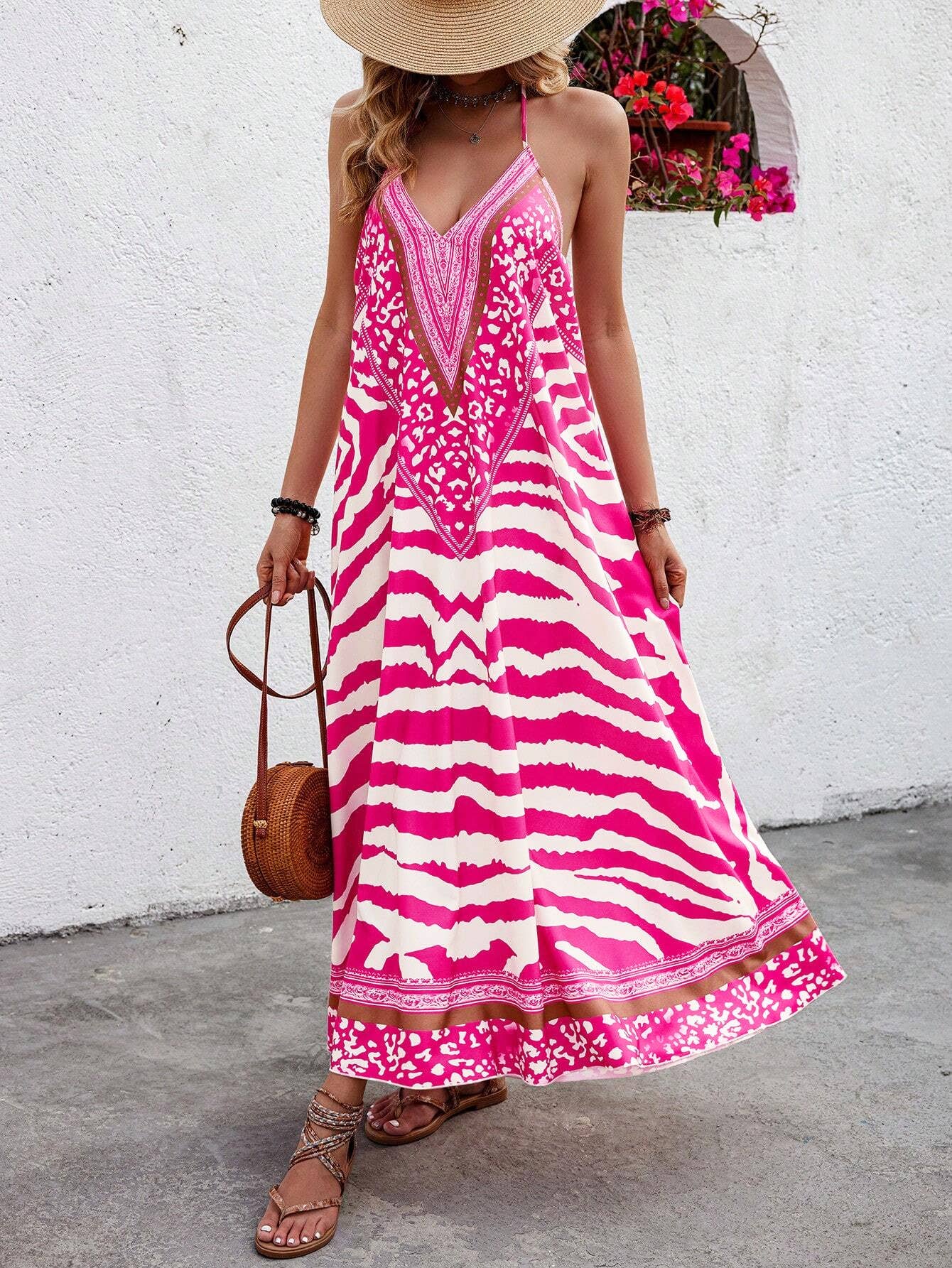 Anna Kaci Wholesale - V Neck Printed Spaghetti Strap A Line Maxi Dress