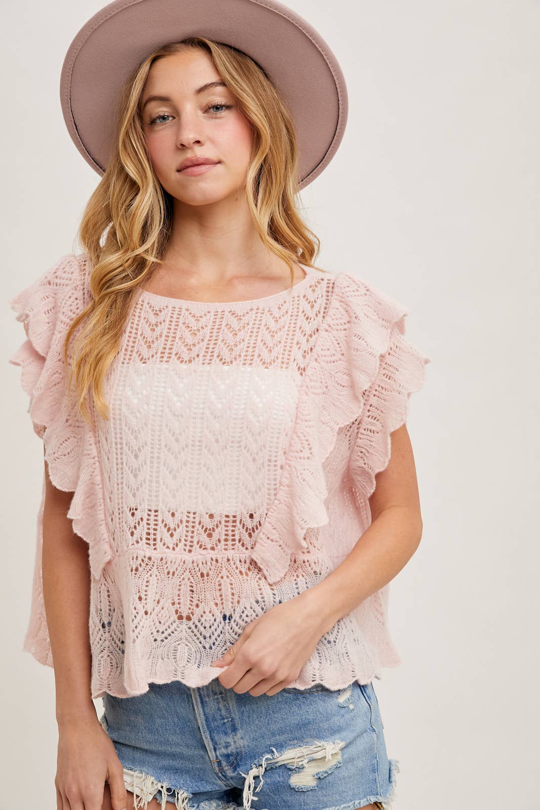 Bluivy - OPEN KNIT FLUTTER-SLEEVE POINTELLE SWEATER TOP