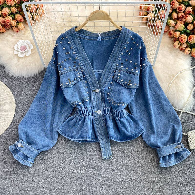 SALINA TRADING INC - Women Fashion Beaded V-Neck Long Sleeve Denim Jacket