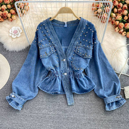 SALINA TRADING INC - Women Fashion Beaded V-Neck Long Sleeve Denim Jacket