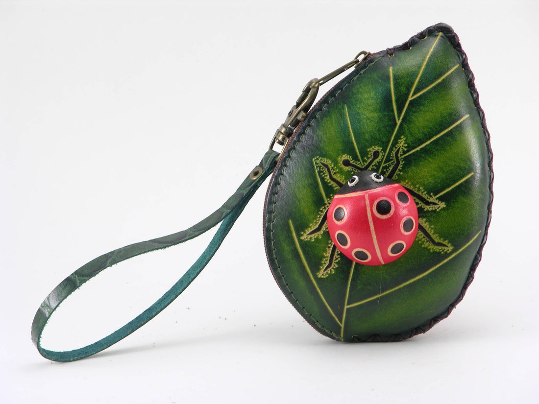 Sunflower Handmade leather inc - Ladybug With Leaf Wristlet- E526 leather coin purse wallet