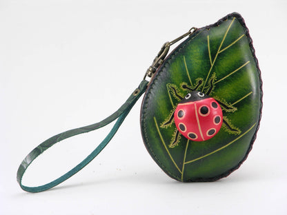 Sunflower Handmade leather inc - Ladybug With Leaf Wristlet- E526 leather coin purse wallet