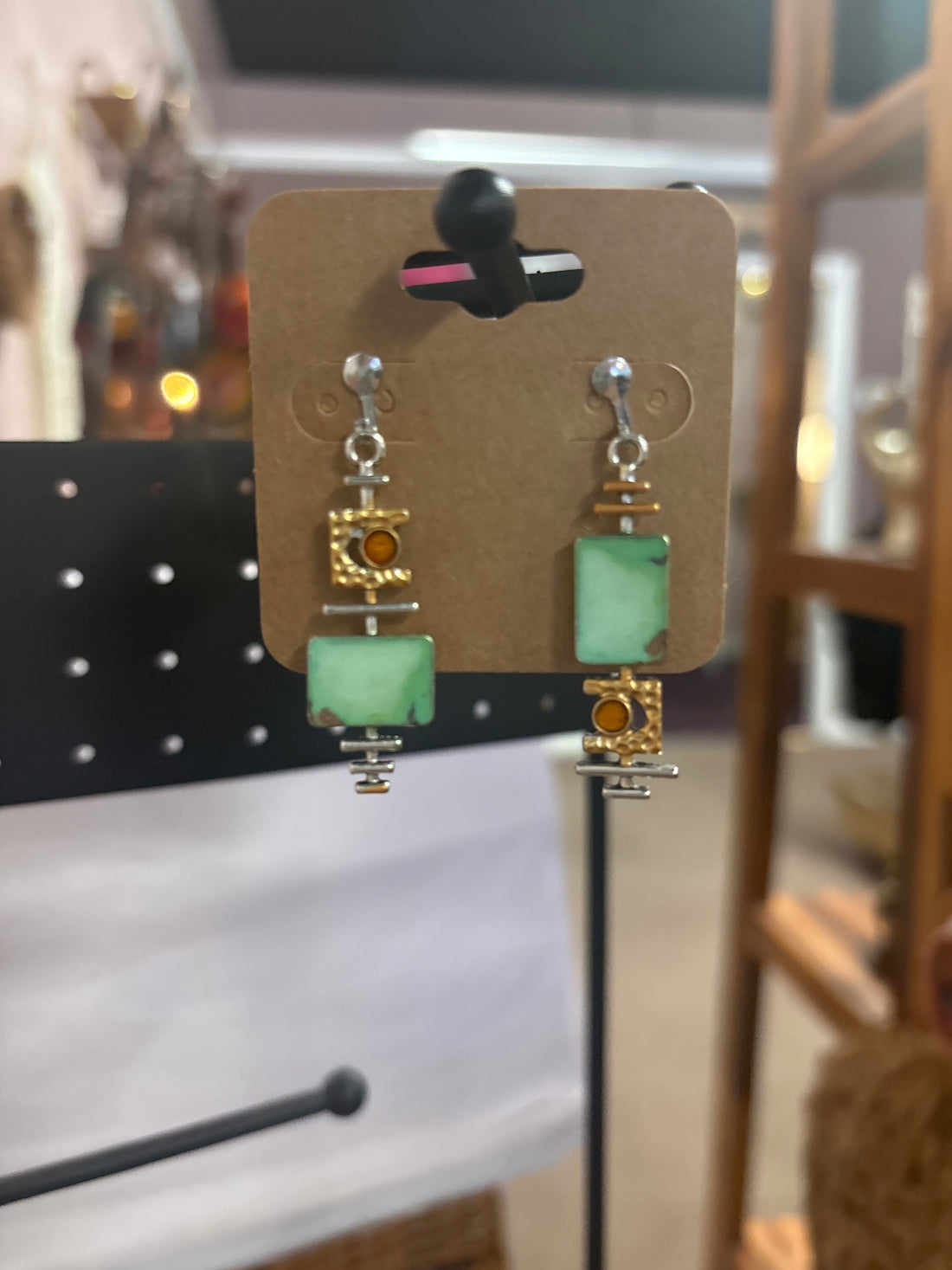 OhHeyBec--Clip on dangle earrings with green stone and copper
