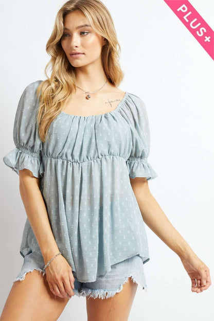 Davi &amp; Dani - POLKA DOT SMOCKED RUFFLE SHORT PUFF SLEEVE TOP: PLUS