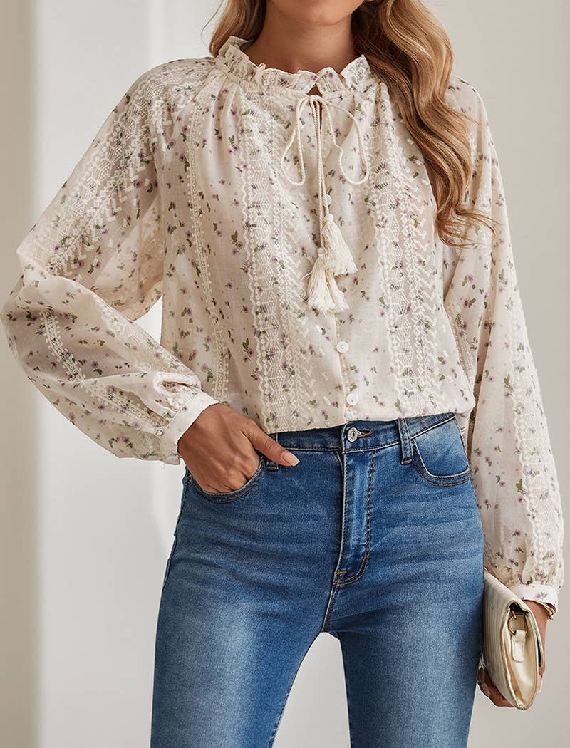 EmberLoom - Floral Tassel Tie Peasant Blouse