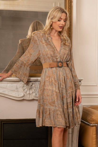 last queen - Mid-length dress printed with Lurex, flared cut with V-neck