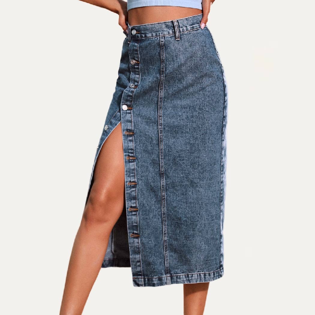 The Moment Collection - Always Chic Buttons High-Rise Denim Midi Skirt