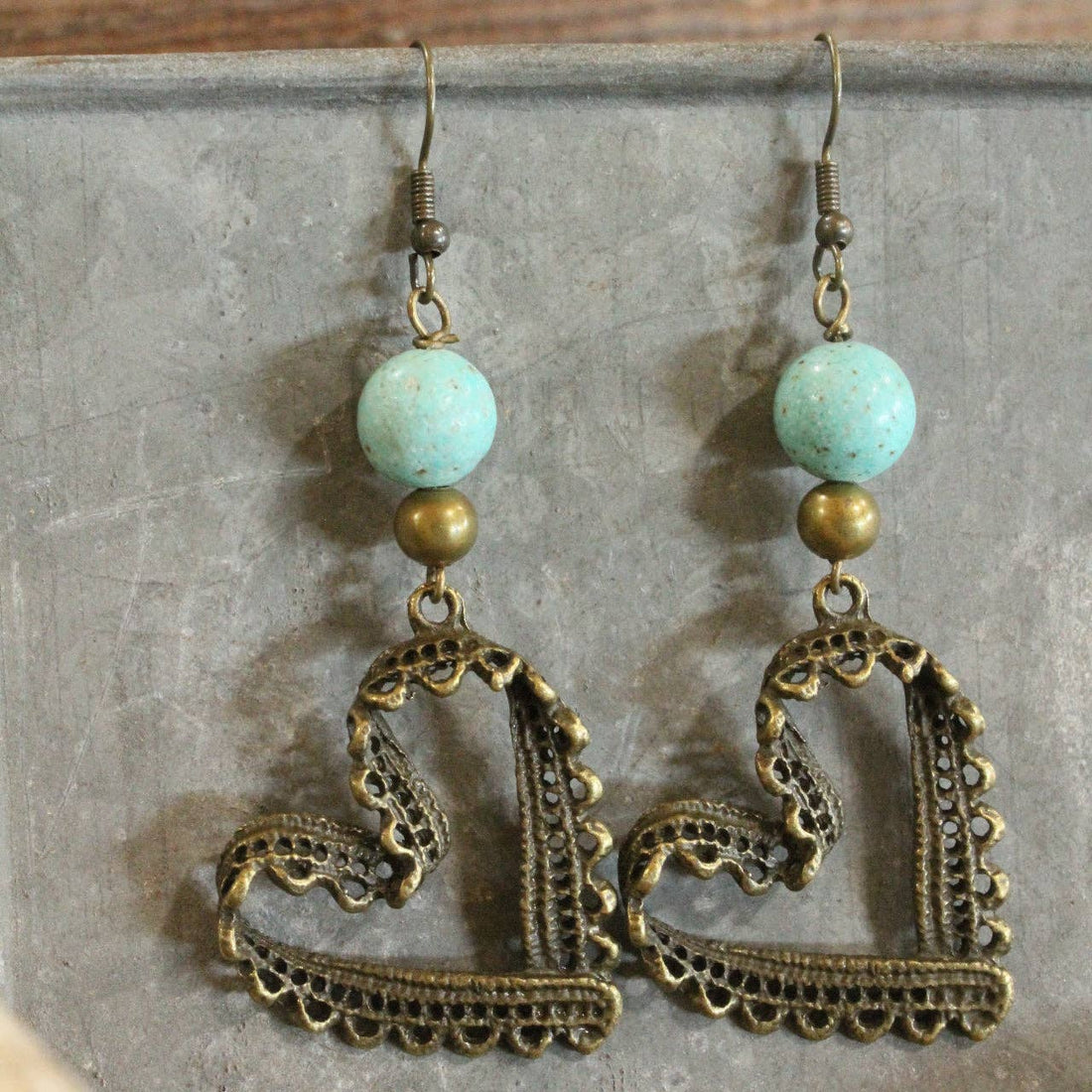 The Primitive Peddler, Inc. - Bronze &amp; Turquoise Heart Earrings