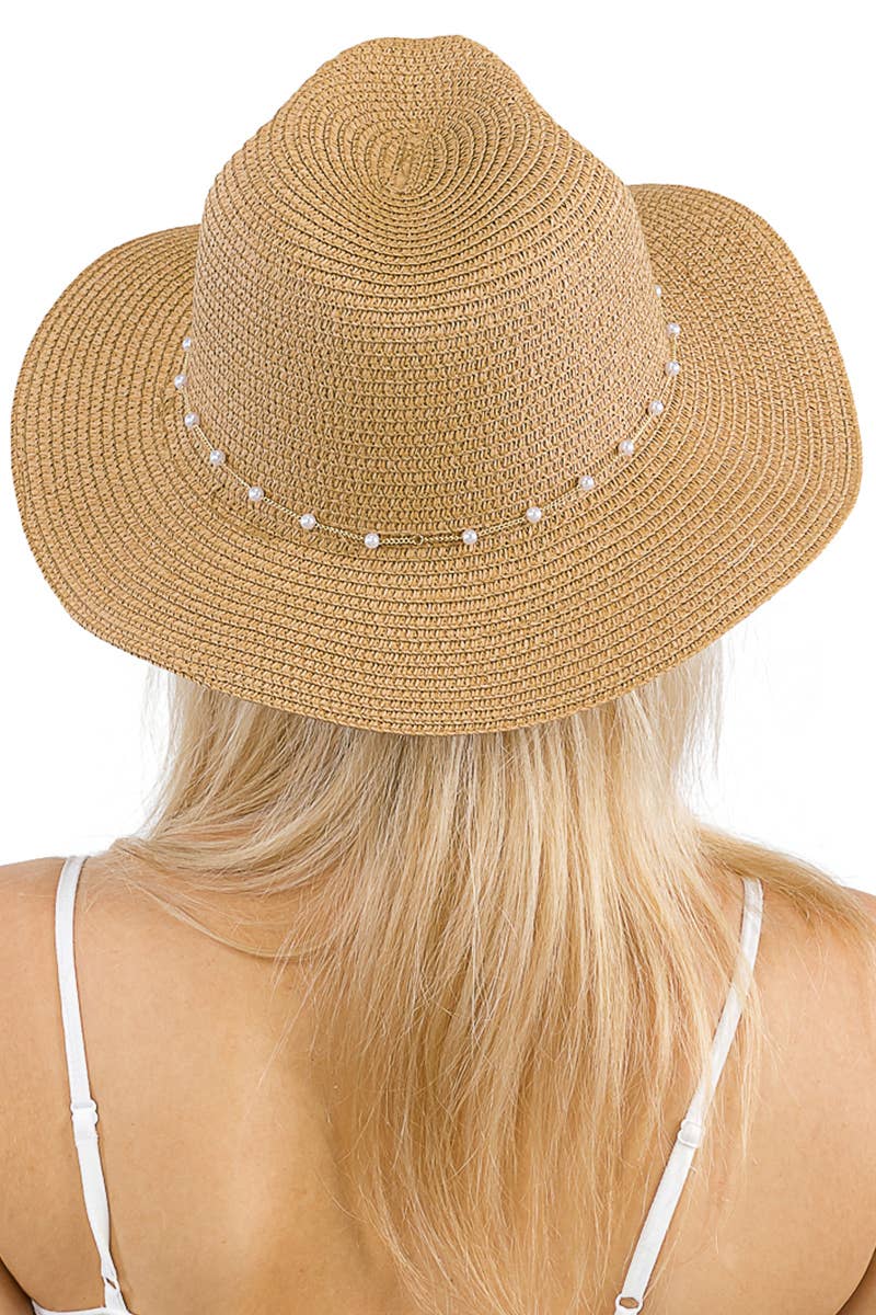 Cap Zone - Faux Pearl Link Chain Fedora Rancher Hat