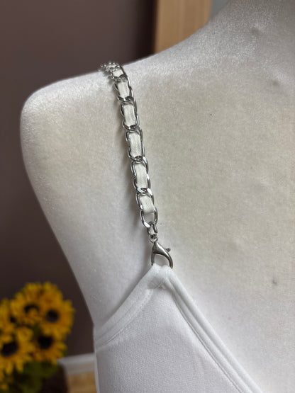 Strap-it’s- White plunge bra with silver chain strap