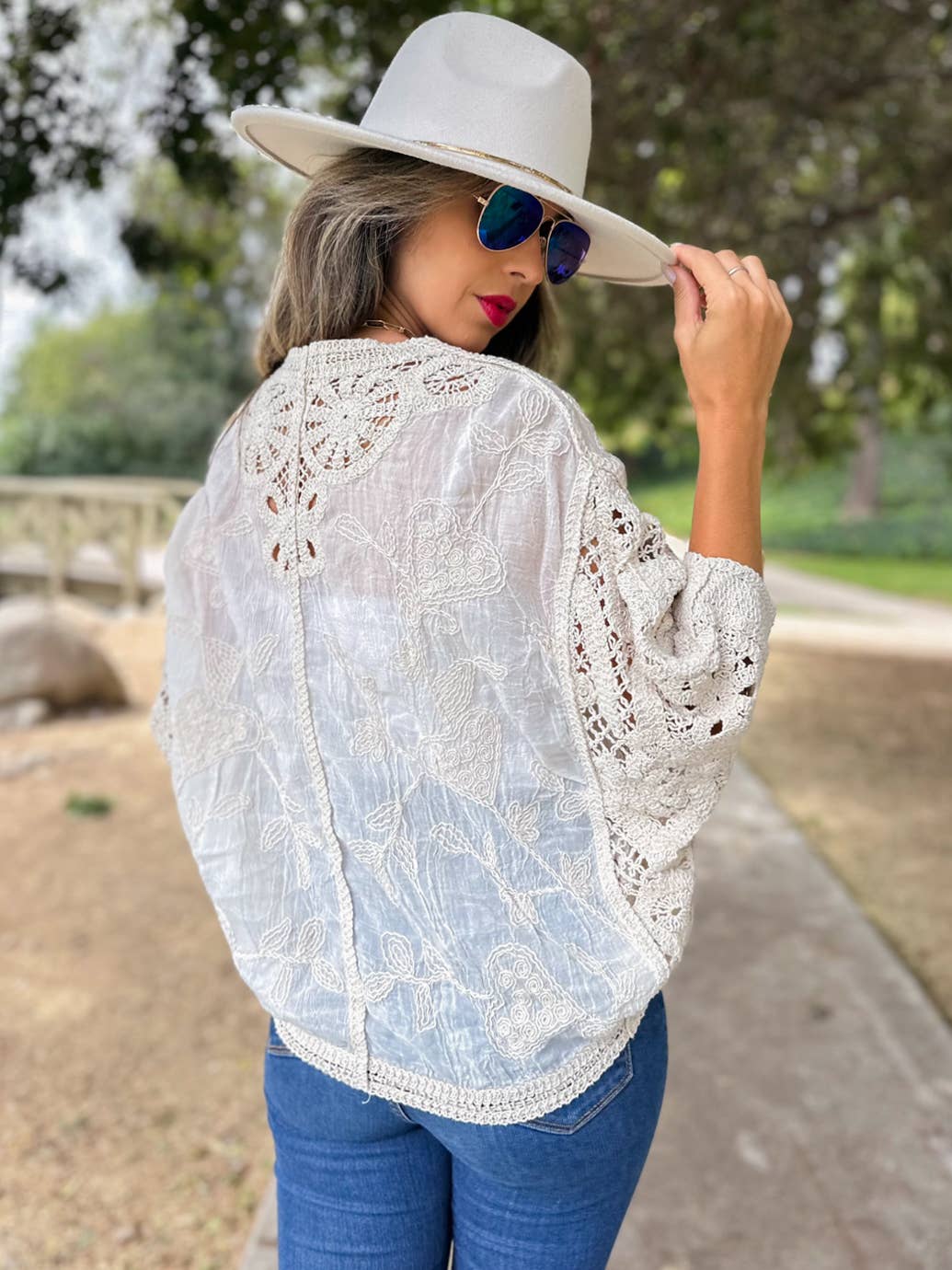AMOLI - Ivory Boho Lace Detail Dolman Sleeve Button-Down Cardigan