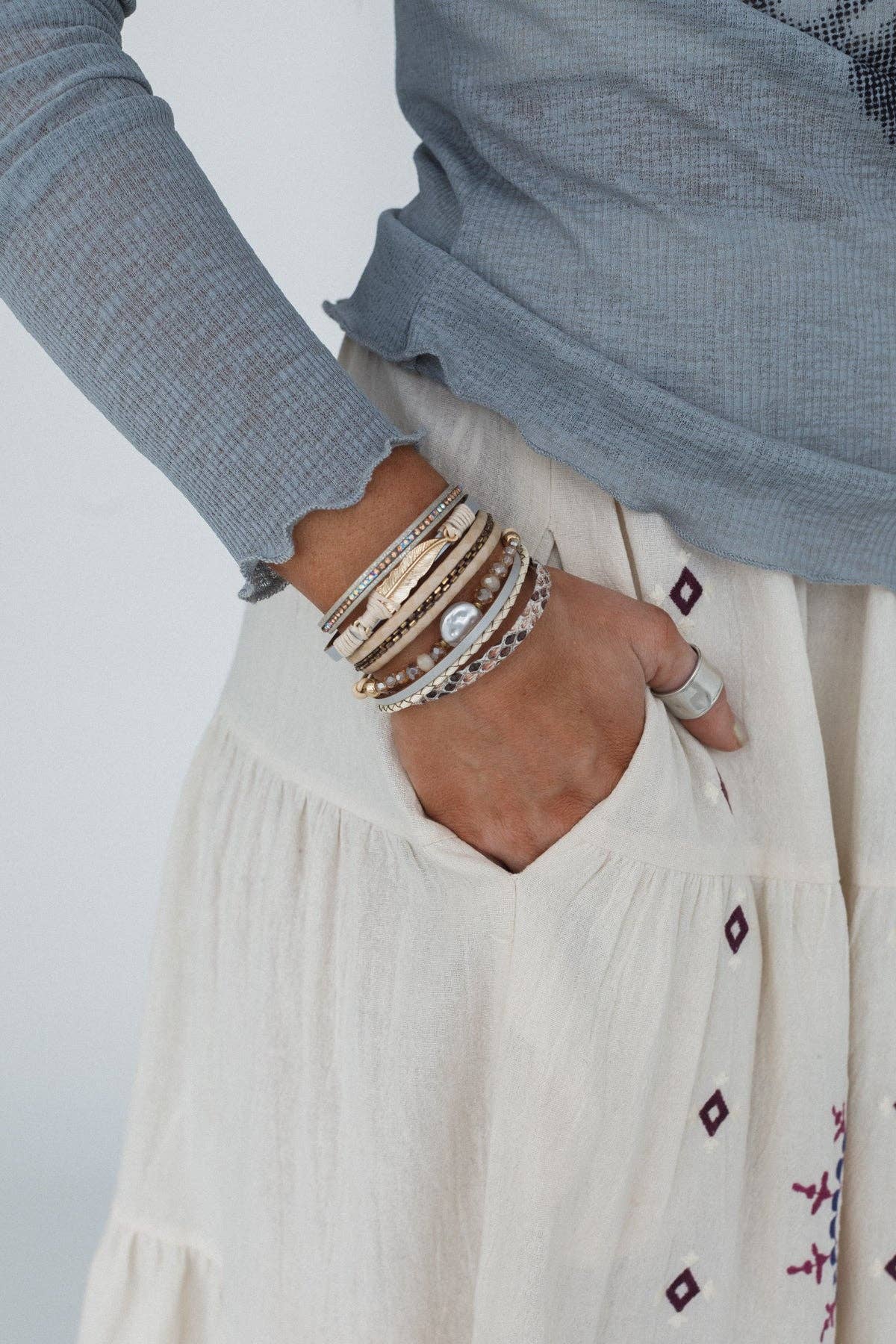 Three Bird Nest - Bohemian Goddess Charmed Bracelet - Beige