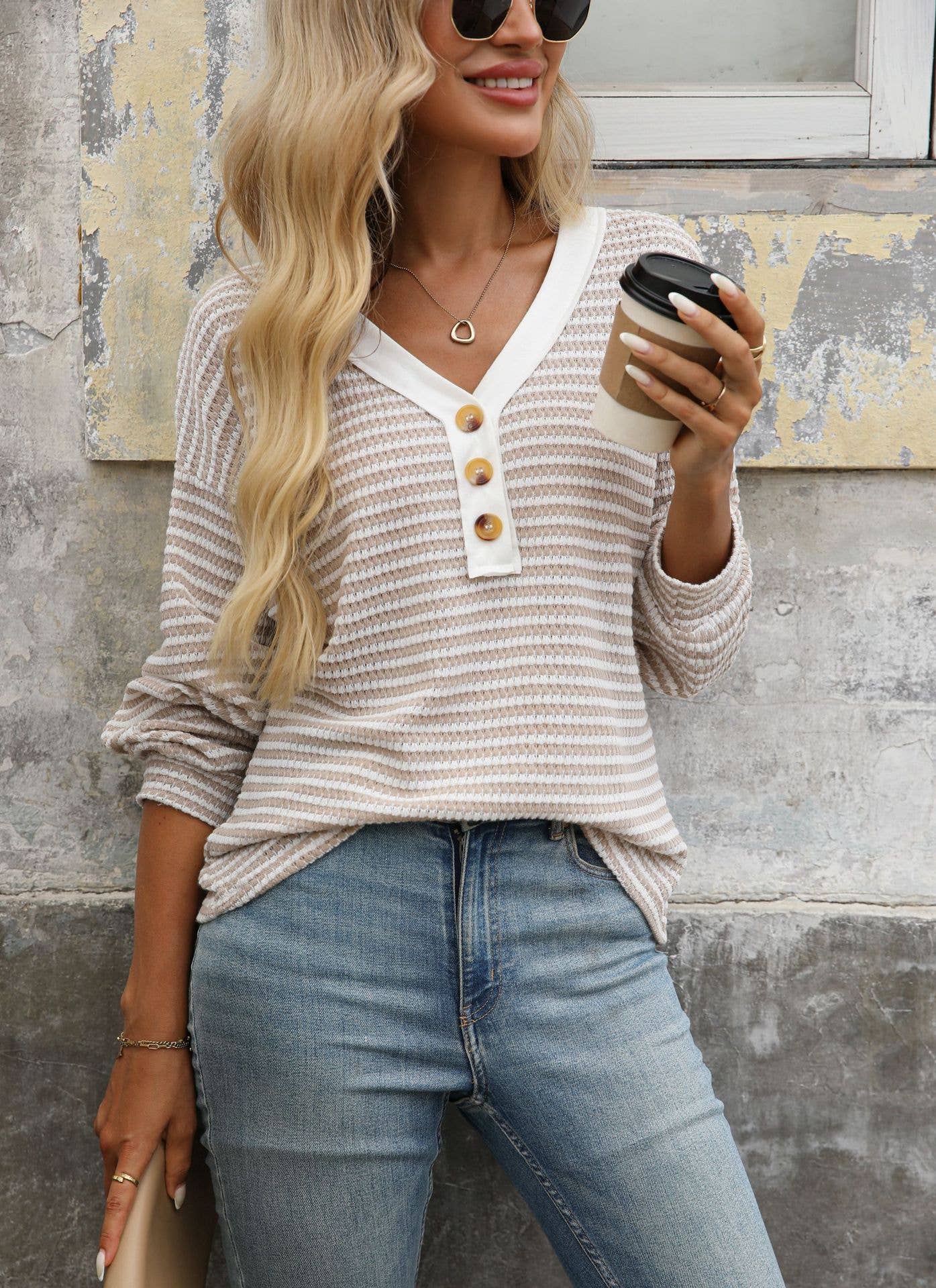 Hope &amp; Sunshine - Color Block Button V-Neck T-Shirt