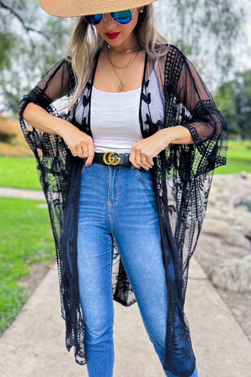 AMOLI - Black Boho Floral Lace Sheer Dressy Kimono Cover Up Cardigan