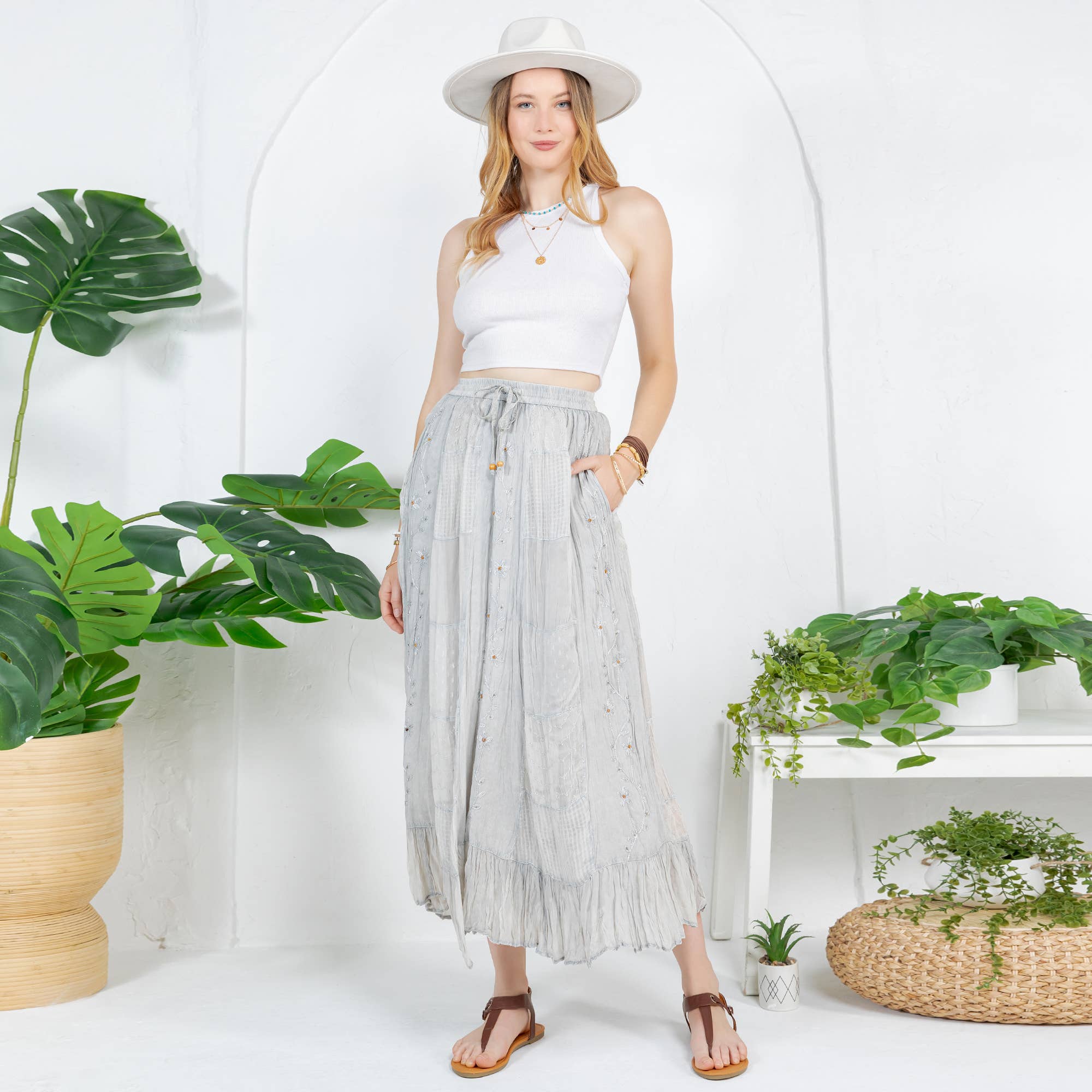 Young Threads - Women Patchwork Embroidered Maxi Skirt With Side Pockets