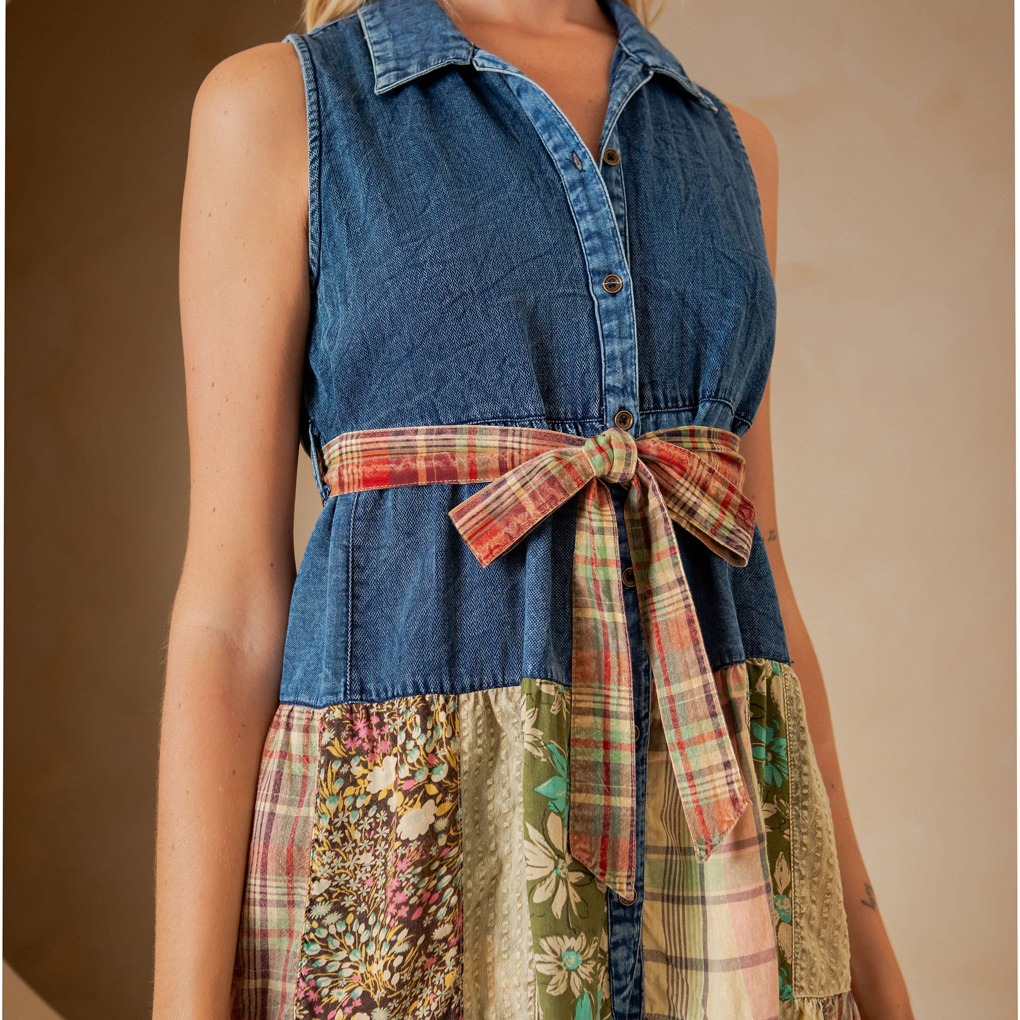 Young Threads - Western Boho Chic: Sleeveless Denim Shirt Dress