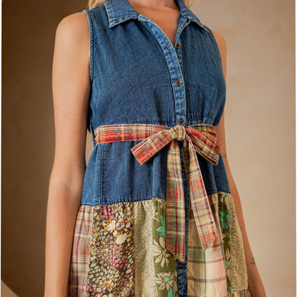 Young Threads - Western Boho Chic: Sleeveless Denim Shirt Dress