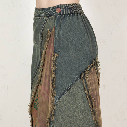 Young Threads - Western Boho Chic: Patch Inserted Denim Midi Skirt- New