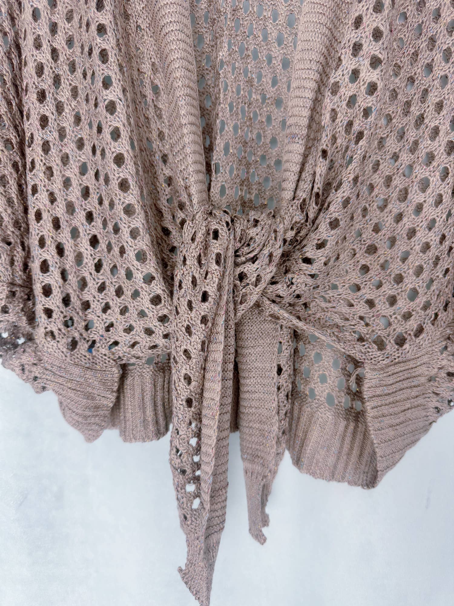 JC Sunny Fashion - Eyelet Open-Knit Metallic Cardigan with Front Tie
