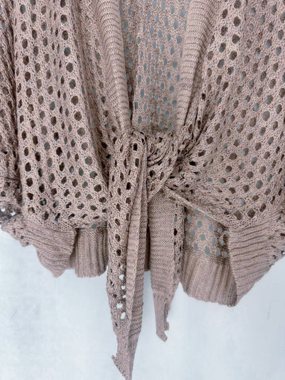 JC Sunny Fashion - Eyelet Open-Knit Metallic Cardigan with Front Tie