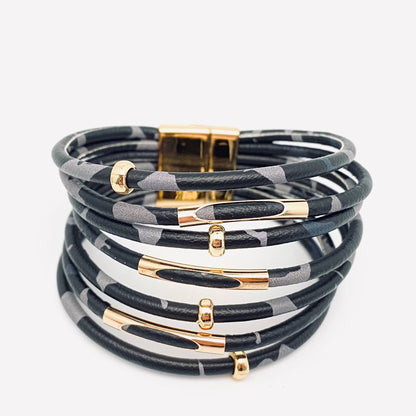 Mio Queena - Magnetic Buckle Leopard-Print Multilayer Beaded Bangle