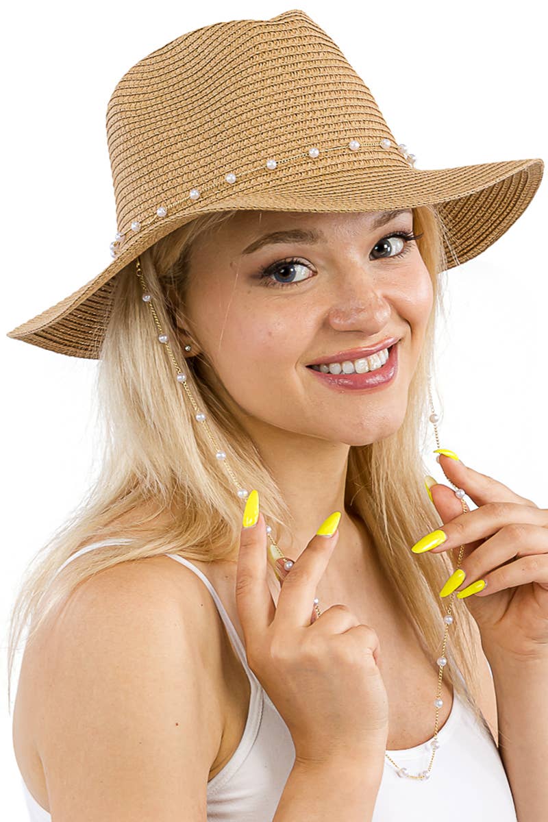 Cap Zone - Faux Pearl Link Chain Fedora Rancher Hat
