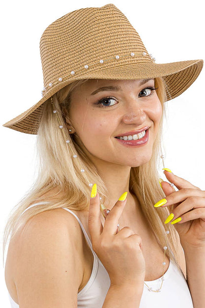 Cap Zone - Faux Pearl Link Chain Fedora Rancher Hat