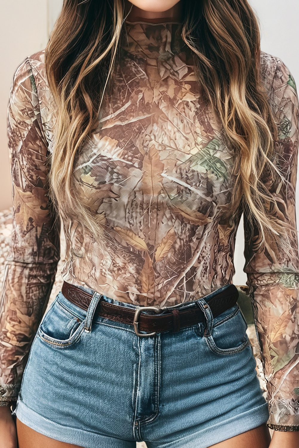 Little Daisy Closet - LDC Western Print Slim Fit Mesh Long Sleeve Mock Neck Top