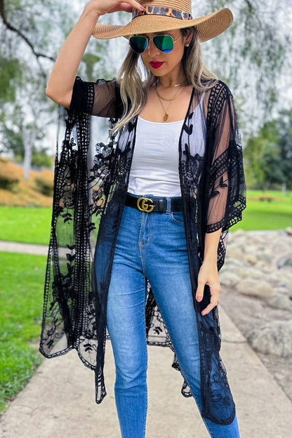 AMOLI - Black Boho Floral Lace Sheer Dressy Kimono Cover Up Cardigan