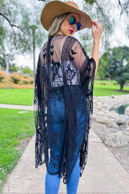 AMOLI - Black Boho Floral Lace Sheer Dressy Kimono Cover Up Cardigan