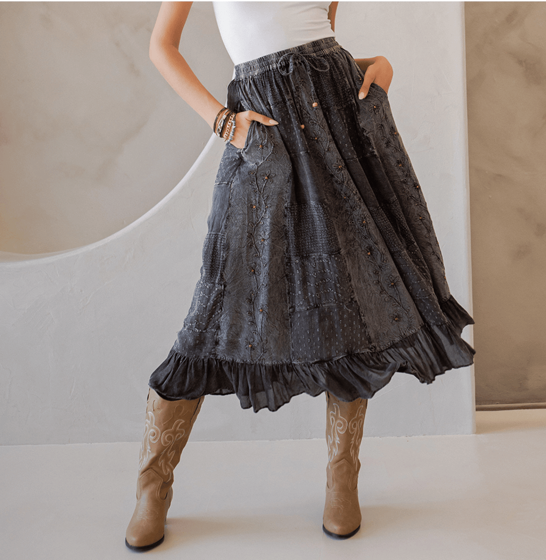 Young Threads - Women Patchwork Embroidered Maxi Skirt With Side Pockets