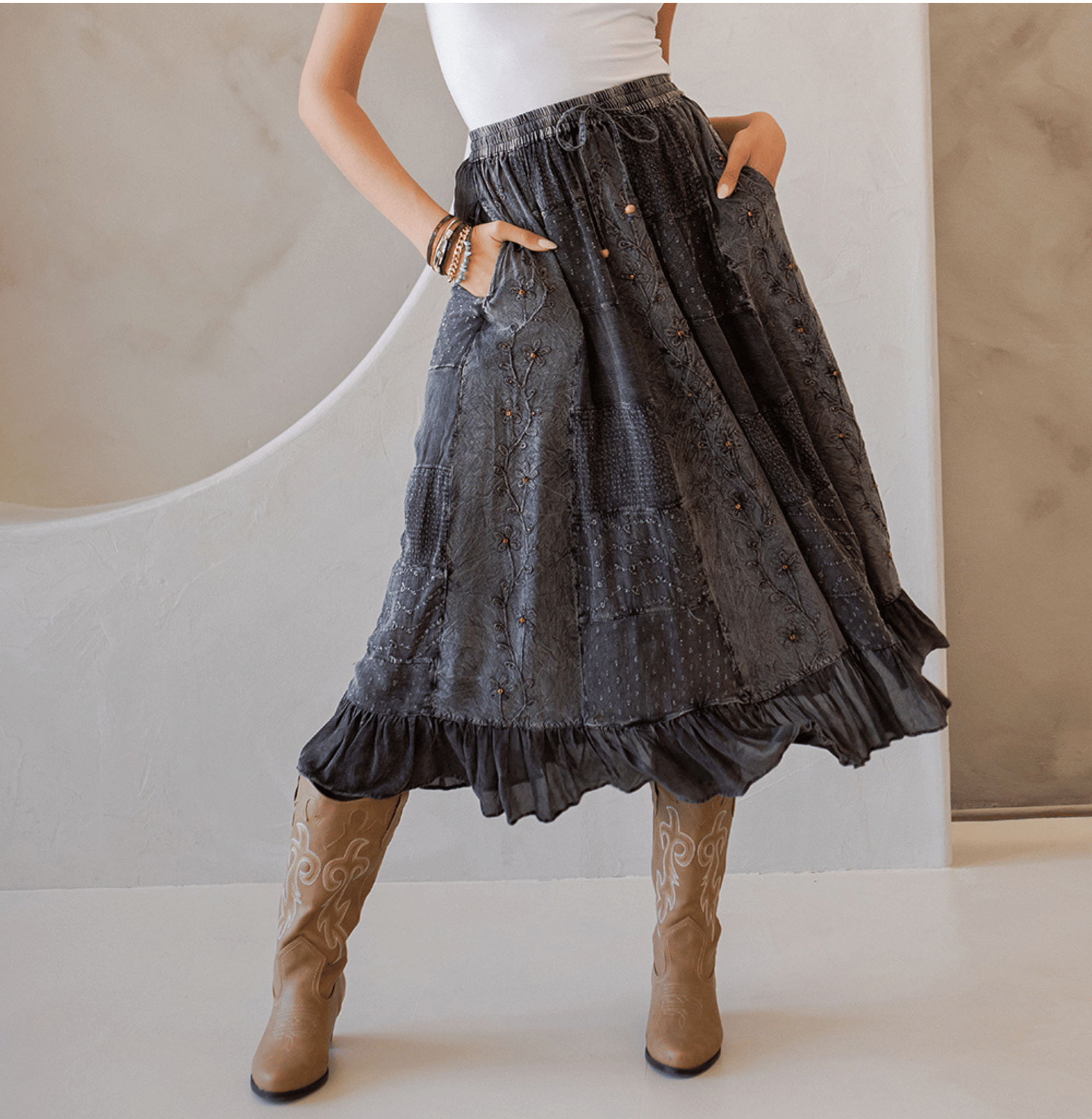 Young Threads - Women Patchwork Embroidered Maxi Skirt With Side Pockets