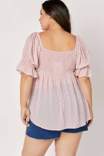 Davi &amp; Dani - POLKA DOT SMOCKED RUFFLE SHORT PUFF SLEEVE TOP: PLUS