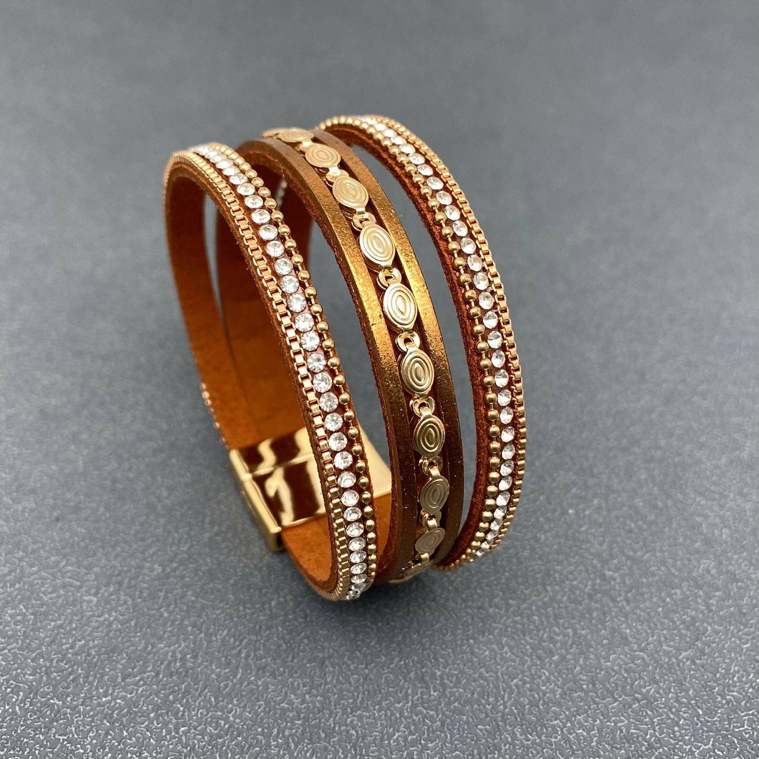 Mio Queena - LB - Sparkling Rhinestone &amp; Leather Triple-Layer Boho Bracelet