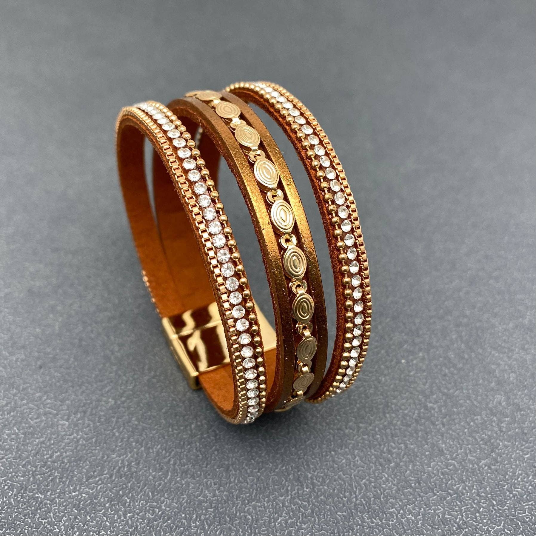 Mio Queena - LB - Sparkling Rhinestone &amp; Leather Triple-Layer Boho Bracelet