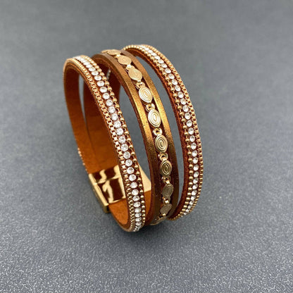 Mio Queena - LB - Sparkling Rhinestone &amp; Leather Triple-Layer Boho Bracelet